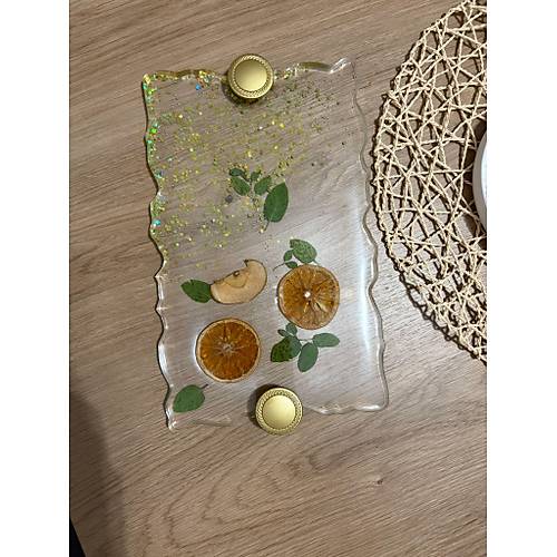 Portakal Narenciye & Elma Dilimli Dikdrtgen Epoksi Reine Tepsi - Glitter Detayl - 30 x 18 cm