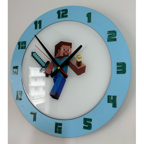 Minecraft Steve Duvar Saati - Ahap Lazer Kesim Epoksi Tasarm - 40 cm - Pelince Kids