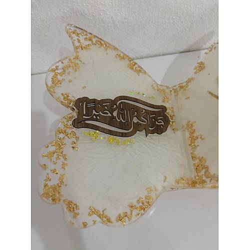 effaf Epoksi Altn Varakl Bitkili ve Yaz Motifli Kelebek Rahle (zel Tasarm - Tek retim) - 35x31 cm