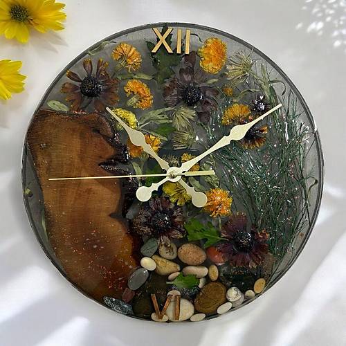 PELNCE - Gerek Ktk ve Doal Talar ve Gerek iekler - Epoksi Duvar Saati - 30 cm