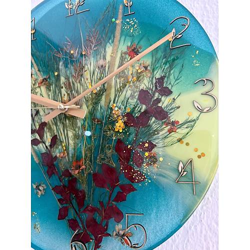PELNCE - Gelincik ve Doal iek Buketi Epoksi Duvar Saati (zel Tasarm - Tek retim) - 30 cm