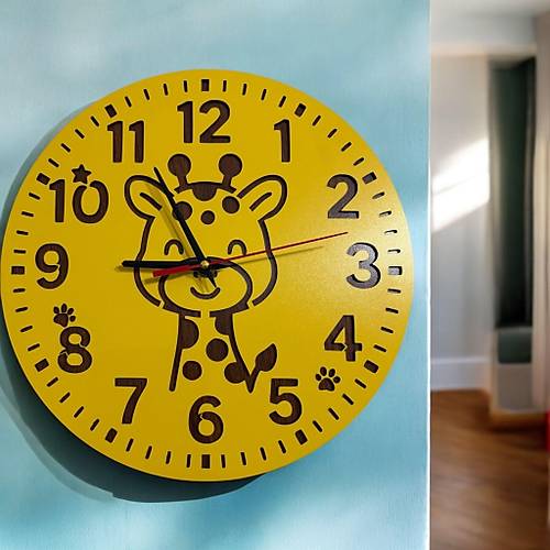 PELNCE KIDS - Zrafa Temal Ahap ocuk Duvar Saati - Lazer Kesim Tasarm - 30 cm