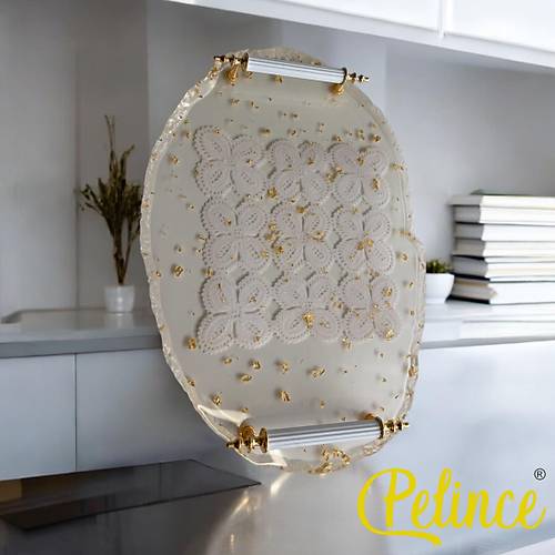Epoksi Reine Dantelli Tepsi - Kare Dantel Altn Varak - Eni: 24 cmBoyu: 34 cm