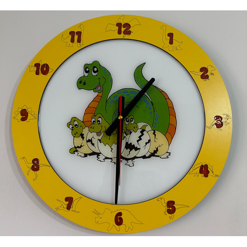 Dinozor Aile Temal ocuk Odas Duvar Saati - Ahap Lazer Kesim Epoksi - 40 cm