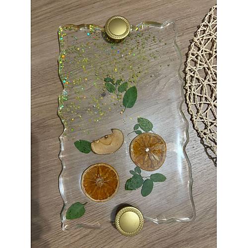 Portakal Narenciye & Elma Dilimli Dikdrtgen Epoksi Reine Tepsi - Glitter Detayl - 30 x 18 cm