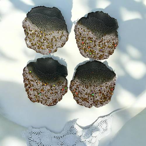 Epoksi Reine Bardak Altl - 4'l Takm - Koyu Yeil ve Altn Glitter - ap: 12 cm