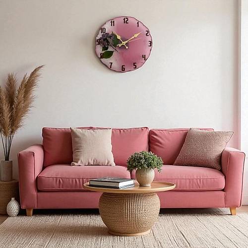 PELNCE - Ortanca enlii Serisi - Epoksi Duvar Saati - Pembe Renk - 30 cm