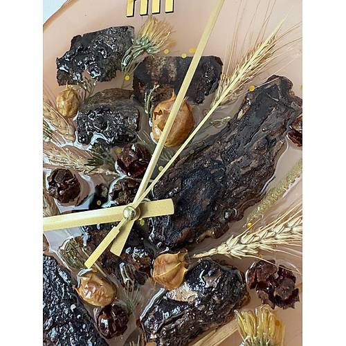 PELNCE - Gerek Aa Kabuklar ve Buday Baakl Epoksi Duvar Saati - 30 cm - Ak Kahverengi Renk