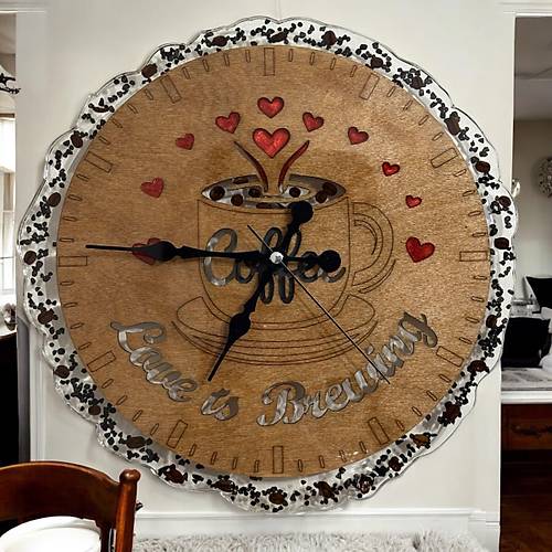 Ahap Duvar Saati - Coffee Love is Brewing - Epoksi Reine Kaplamal - 30 cm