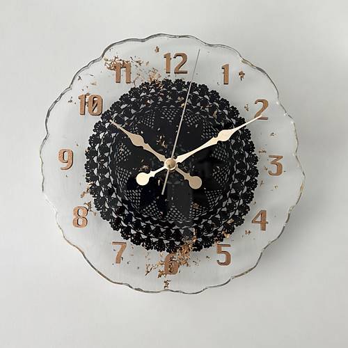 Epoksi Reine Duvar Saati - Siyah Dantel - 25 cm