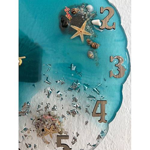 PELNCE - Deniz Temal Epoksi Duvar Saati (Deniz Yldz, Kabuk & Talarla) - Turkuaz -30 cm