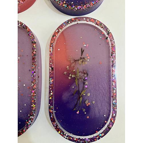 PELNCE - El Yapm 6'l Epoksi Sunumluk -  Renkli Kurutulmu iekli Glitterli  - Ebatlar: 17,5 x 9,5 cm