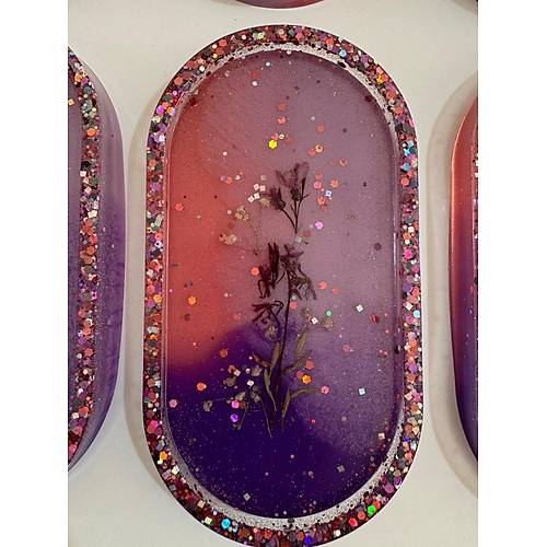 PELNCE - El Yapm 6'l Epoksi Sunumluk -  Renkli Kurutulmu iekli Glitterli  - Ebatlar: 17,5 x 9,5 cm