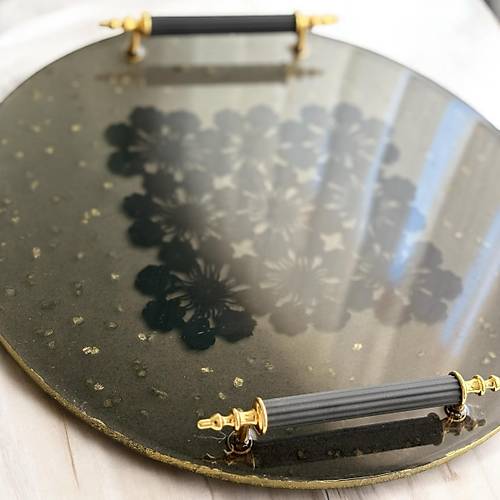 Epoksi Reine Dantelli Tepsi -  Siyah Kare Dantel Gold Tal - ap: 30 cm