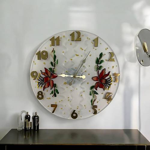 Epoksi Reine Duvar Saati - Kanevie Mor iek Motifli - ap: 30 cm