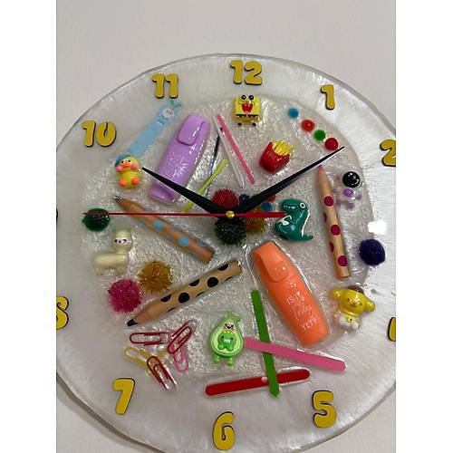 PELNCE KIDS - Rengarenk Temal Epoksi ocuk Odas Duvar Saati - 30 cm - Sar Renk Rakaml