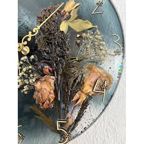 PELNCE - Kuru Gl ve Doal iekli - Siyah - Epoksi Duvar Saati (zel Tasarm - Tek retim) - 30 cm