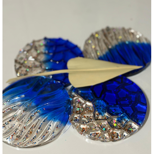 Epoksi Reine Bardak Altl - 4'l Takm - Koyu Mavi Glitter Geometrik - ap: 12 cm