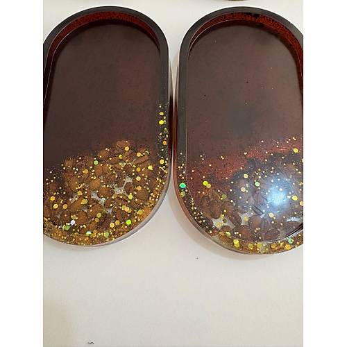 PELNCE - El Yapm 6'l Epoksi Sunumluk - Gerek Kahve ekirdekli & Gold Glitterli - Ebatlar: 17,5 x 9,5 cm