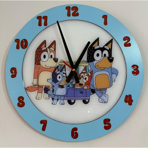 Bluey Bingo ve Ailesi Duvar Saati - Ahap Lazer Kesim Epoksi Tasarm - 40 cm - Pelince Kids