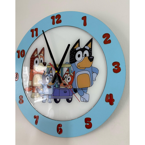 Bluey Bingo ve Ailesi Duvar Saati - Ahap Lazer Kesim Epoksi Tasarm - 40 cm - Pelince Kids