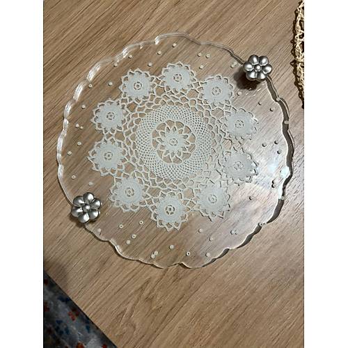 Epoksi Reine Dantelli Tepsi - iek Kulplu Dantel Detayl effaf ncili - ap: 25 cm