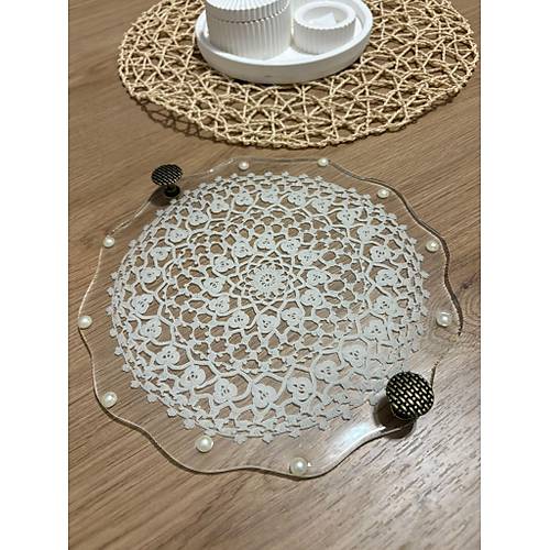 Epoksi Reine Dantelli Tepsi - Dantel Detayl Antik Kulplu ncili - ap: 24 cm