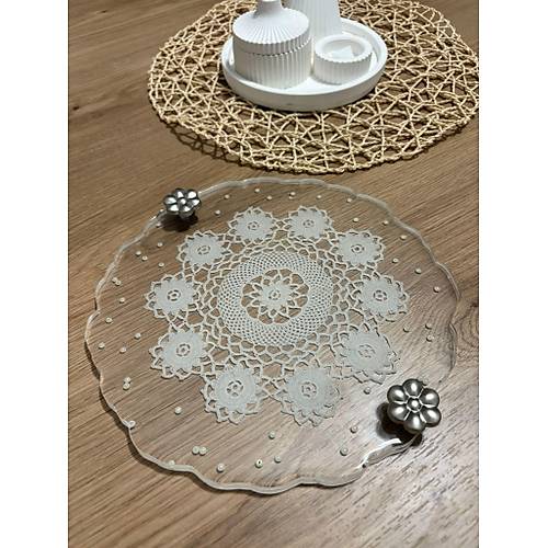 Epoksi Reine Dantelli Tepsi - iek Kulplu Dantel Detayl effaf ncili - ap: 25 cm