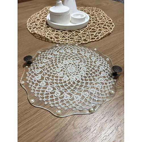 Epoksi Reine Dantelli Tepsi - Dantel Detayl Antik Kulplu ncili - ap: 24 cm