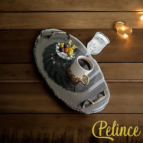 Epoksi Reine Dantelli Tepsi - Siyah Dantelli Altn Tal - Eni: 23 cmBoyu: 33 cm