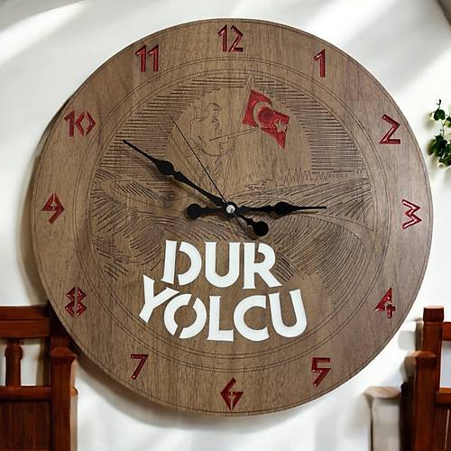 Ahap Desen Duvar Saati - Dur Yolcu, anakkale Geilmez - Epoksi Reine Kaplamal - 40 cm