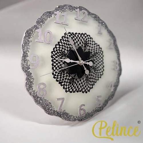 Epoksi Reine Duvar Saati - Siyah Dantelli Gm Varak - ap 30 cm