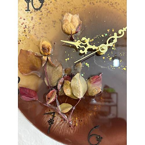 PELNCE - Beyaz Gl - Koyu Kahverengi - Epoksi Duvar Saati (zel Tasarm - Tek retim) - 30 cm