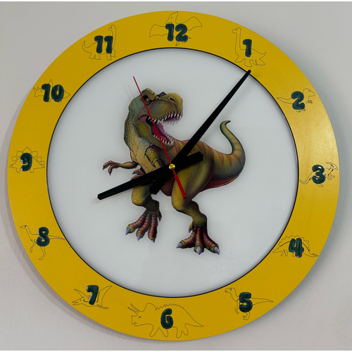 T-Rex Dinozor Temal ocuk Odas Duvar Saati - Epoksi Reine Kaplamal - 40 cm