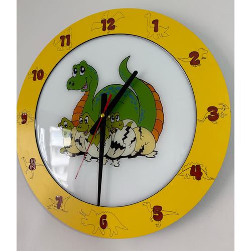 Dinozor Aile Temal ocuk Odas Duvar Saati - Ahap Lazer Kesim Epoksi - 40 cm