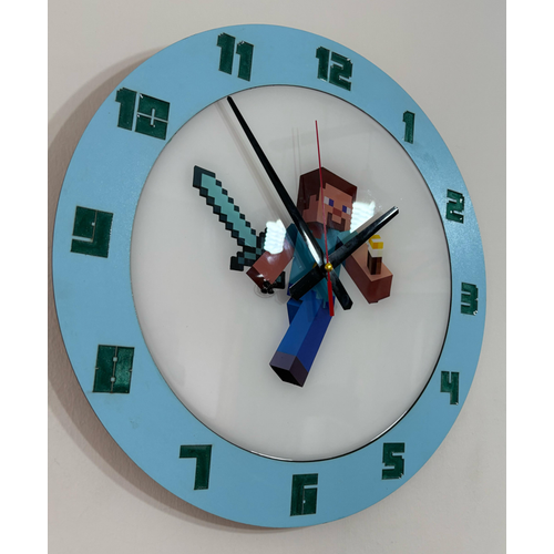 Minecraft Steve Duvar Saati - Ahap Lazer Kesim Epoksi Tasarm - 40 cm - Pelince Kids