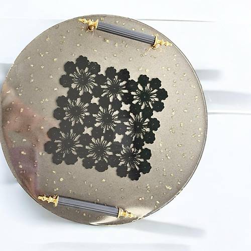 Epoksi Reine Dantelli Tepsi -  Siyah Kare Dantel Gold Tal - ap: 30 cm