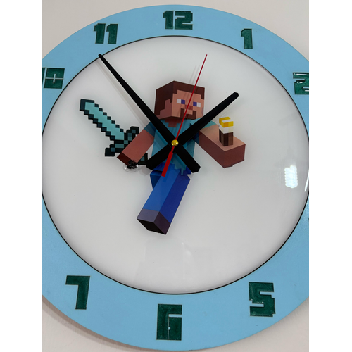 Minecraft Steve Duvar Saati - Ahap Lazer Kesim Epoksi Tasarm - 40 cm - Pelince Kids