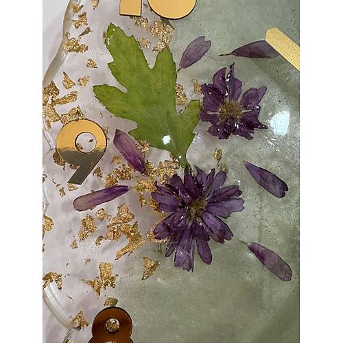 Pelince -Mor Papatyal Epoksi Duvar Saati   El Yapm Byk Boy Dekoratif Saat  33 cm