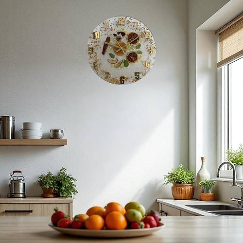 PELNCE - Narenciye ve Meyve Temal Epoksi Mutfak Duvar Saati - Beyaz II - 30 cm
