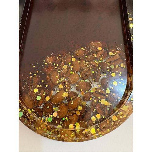 PELNCE - El Yapm 6'l Epoksi Sunumluk - Gerek Kahve ekirdekli & Gold Glitterli - Ebatlar: 17,5 x 9,5 cm