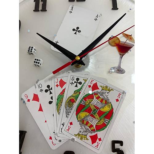 PELNCE - skambil Kad, Poker, Zar, Oyun Kartlar Temal Epoksi Duvar Saati - 30 cm - Beyaz Renk