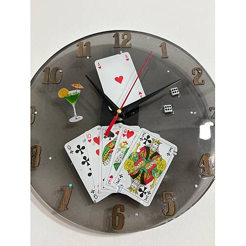 PELNCE - skambil Kad, Poker, Zar, Oyun Kartlar Temal Epoksi Duvar Saati - 30 cm - Siyah Renk