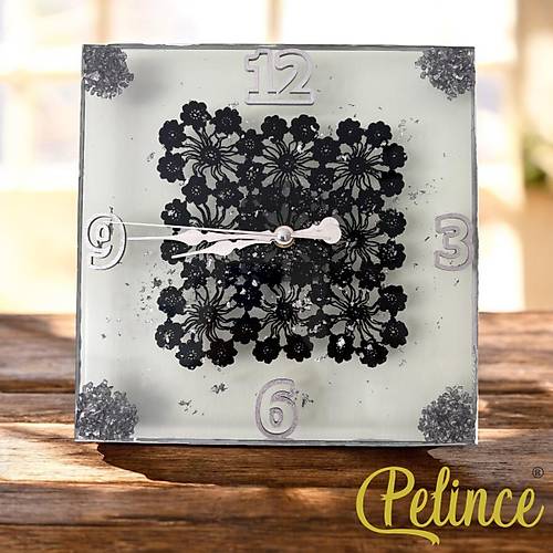 Epoksi Reine Duvar Saati - Kare Siyah Dantelli - ap 25 cm