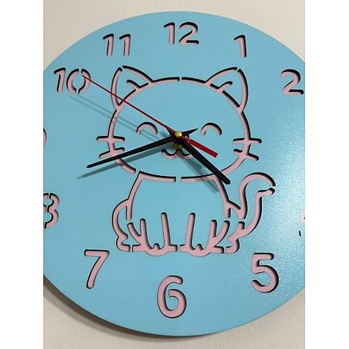 PELNCE KIDS - Kedi Temal Ahap ocuk Odas Duvar Saati - 30 cm