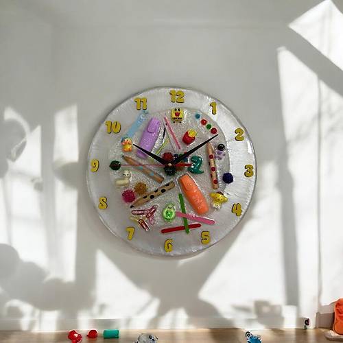 PELNCE KIDS - Rengarenk Temal Epoksi ocuk Odas Duvar Saati - 30 cm - Sar Renk Rakaml