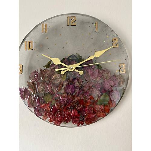 PELNCE - Gerek Begonya iei Temal Epoksi Duvar Saati - 30 cm - Ak Siyah Renk Seri 3