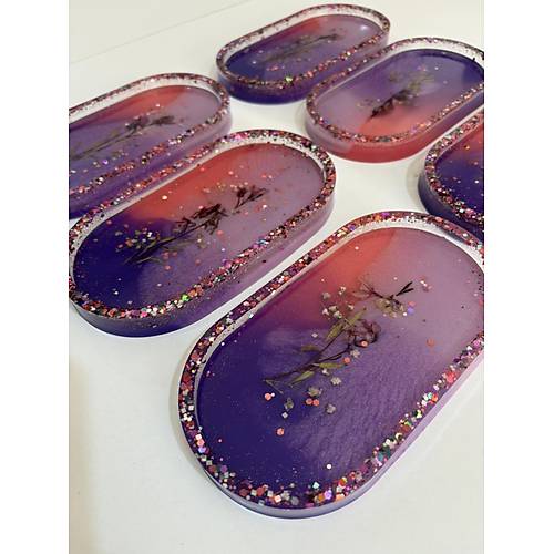 PELNCE - El Yapm 6'l Epoksi Sunumluk -  Renkli Kurutulmu iekli Glitterli  - Ebatlar: 17,5 x 9,5 cm