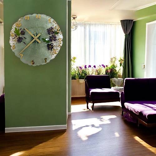 Pelince -Mor Papatyal Epoksi Duvar Saati   El Yapm Byk Boy Dekoratif Saat  33 cm