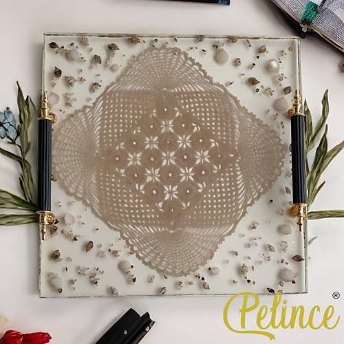 Epoksi Reine Dantelli Tepsi - Kare Dantel Deniz Kabuu - En Boy 25 cm